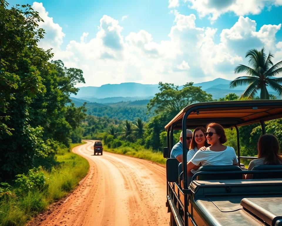 A vibrant and inviting scene capturing the journey to India's majestic national parks, specifically tailored for a tiger safari experience. In the foreground, a well-maintained dirt road winds through lush greenery, with various travelers in modest casual clothing riding in an open safari jeep, smiling and taking in the surroundings. In the middle ground, the dense foliage of tropical trees and hints of distant wildlife add to the sense of adventure. The background features rolling hills under a bright blue sky with fluffy white clouds, hinting at the vast landscapes of India. Golden sunlight filters through the trees, creating a warm, inviting atmosphere. The perspective is slightly elevated to showcase the road's leading lines and the enchanting natural beauty surrounding it, promoting a sense of excitement and exploration.