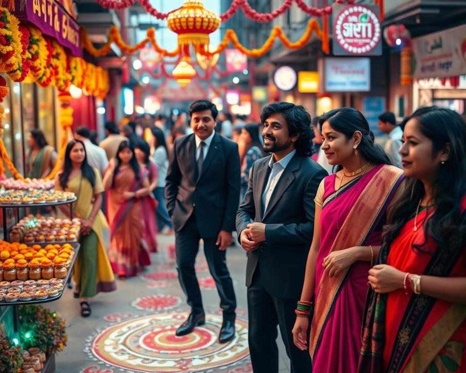 A vibrant celebration of modern adaptations of Hindu festivals, featuring a diverse group of individuals in professional business attire engaged in a traditional festival setting. In the foreground, a joyful family enjoying colorful decorations, wearing contemporary interpretations of traditional Indian outfits. In the middle, a blend of traditional elements like rangoli designs and modern decor with LED lights, creating a dynamic fusion of old and new. The background showcases a bustling street decorated with flower garlands and festive banners. Soft, warm lighting enhances the celebratory atmosphere, with a slightly blurred focus on the background to emphasize the lively interaction in the foreground. The mood is festive, inviting, and rich with cultural diversity, capturing the essence of modern Hindu celebrations.