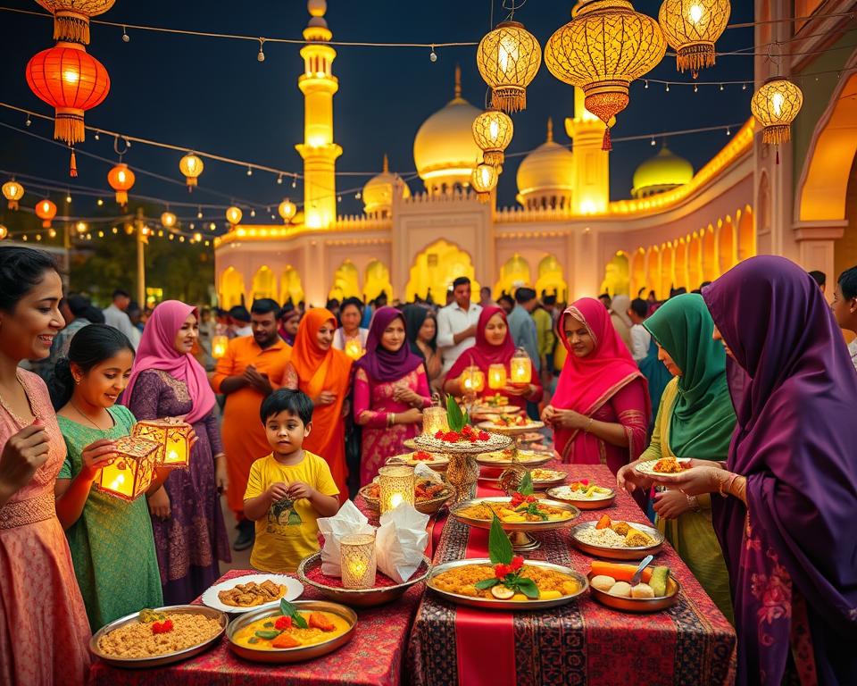 A vibrant celebration scene depicting Eid al-Fitr in India. In the foreground, a diverse group of people, dressed in colorful traditional attire, joyfully exchanging greetings and sweets. Children are playing with handmade lanterns, while women in elegant, modest clothing admire intricate henna designs on their hands. In the middle ground, beautifully decorated tables are laden with an array of festive dishes, such as biryani and sweet desserts, creating a feast of colors. Lanterns and twinkling lights hang above. The background features a festive mosque illuminated by warm golden light, with stunning architectural details. The overall atmosphere is joyful and festive, capturing the essence of community and celebration during this special occasion. The lighting is warm and inviting, creating a sense of harmony and togetherness, with a shallow depth of field focusing on the people in the foreground.