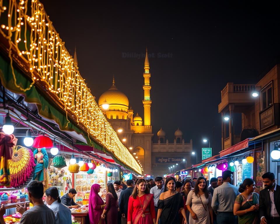 A vibrant night scene of Chandni Chowk, capturing the bustling essence of Delhi's historic heart. In the foreground, colorful market stalls are adorned with strings of glowing fairy lights, showcasing an array of local snacks and handicrafts. The middle ground features elegantly dressed individuals enjoying the lively atmosphere, some exploring and others engaged in cheerful conversations. In the background, illuminated landmarks such as the iconic mosque and traditional architecture stand under a starry night sky. Soft, warm lighting enhances the scene, creating a welcoming and festive mood. Use a slightly wide-angle lens to capture the lively ambiance, focusing on the interplay of light and shadows, and evoke a sense of wonder in this enchanting cultural locality. A vibrant night scene of Chandni Chowk, capturing the bustling essence of Delhi's historic heart. In the foreground, colorful market stalls are adorned with strings of glowing fairy lights, showcasing an array of local snacks and handicrafts. The middle ground features elegantly dressed individuals enjoying the lively atmosphere, some exploring and others engaged in cheerful conversations. In the background, illuminated landmarks such as the iconic mosque and traditional architecture stand under a starry night sky. Soft, warm lighting enhances the scene, creating a welcoming and festive mood. Use a slightly wide-angle lens to capture the lively ambiance, focusing on the interplay of light and shadows, and evoke a sense of wonder in this enchanting cultural locality.