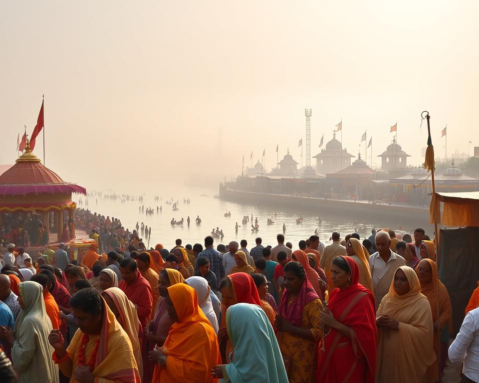 A vibrant scene at Kumbh Mela, showcasing a bustling festival along a holy river in India. In the foreground, groups of devotees dressed in modest, colorful traditional attire engage in rituals, holding flower offerings and prayer beads. In the middle ground, vendors sell religious artifacts and food, creating a lively market atmosphere. The background features a beautifully decorated riverbank, with temporary colorful tents and flags fluttering in the wind. A soft, golden sunlight filters through the morning mist, casting a serene glow over the scene, amplifying the spiritual ambiance. The image is shot from a slightly elevated angle, capturing the vastness of the gathering and the sense of community among the participants, evoking feelings of devotion and harmony.