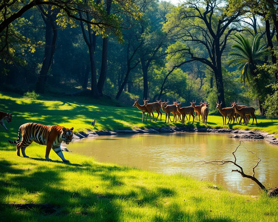 A vibrant scene capturing the wildlife of Ranthambore National Park in India, showcasing a majestic Bengal tiger prowling gracefully in the foreground, surrounded by lush grassy terrain and dappled sunlight filtering through the trees. In the middle ground, a serene watering hole reflects the bright blue sky, with a herd of spotted deer cautiously approaching the edge, and a few colorful birds perched on nearby branches. The background features dense forests with rich green foliage, creating a sense of depth and wilderness. The mood is tranquil yet exhilarating, evoking the untamed beauty of nature. Use soft natural lighting for a warm, inviting atmosphere, shot with a wide-angle lens to capture the expansiveness of this enchanting habitat.