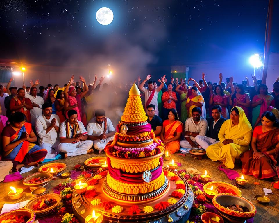 A vibrant scene depicting Maha Shivaratri, the great night of Shiva. In the foreground, a beautifully adorned Shiva Lingam surrounded by flowers, incense, and oil lamps casting a warm glow. Devotees in modest Indian attire are engaged in prayer and meditation, radiating devotion and reverence. In the middle ground, a group of excited devotees perform traditional dances, their colorful garments swirling in motion. The background features a starry night sky illuminated by a full moon, creating an ethereal atmosphere. Soft, ambient lighting enhances the mystique of the event, while the angle captures the emotion of worship. The overall mood is one of celebration, spirituality, and unity, reflecting the significance of this important Hindu festival.