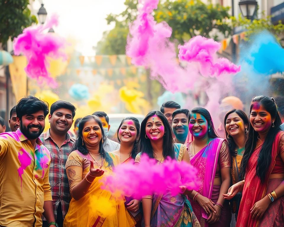 A vibrant scene depicting the Holi festival, focusing on a group of individuals joyfully throwing colorful powders in the air. In the foreground, diverse men and women dressed in traditional Indian attire, smiling and laughing, their clothes splattered with vivid hues of pink, blue, yellow, and green. In the middle ground, swirling clouds of colored powder create a dynamic sense of movement and celebration. Background features a picturesque street adorned with decorative banners and trees, slightly blurred to emphasize the lively action in the foreground. Soft, warm sunlight filters through, enhancing the festive atmosphere. The overall mood is one of joy and exuberance, capturing the essence of Holi as a celebration of color and unity.