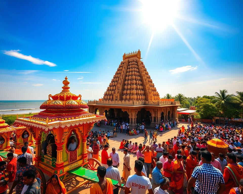 A vibrant scene depicting the Puri Jagannath Temple during the vibrant Rath Yatra festival. In the foreground, colorful chariots adorned with intricate decorations are pulled by enthusiastic devotees, showcasing an array of traditional attire. The middle ground features the majestic temple with its iconic shikhara rising against a brilliant blue sky, intricately carved stone walls glowing in golden sunlight. Devotees gathered in the courtyard, engaged in prayer and rituals, exude a sense of devotion. In the background, lush greenery and the distant coastline hint at Puri's coastal location. The atmosphere is festive and spiritual, illuminated by warm, natural light, with a slight lens flare to enhance the jubilant mood. Capture this lively essence at eye level for an immersive experience.