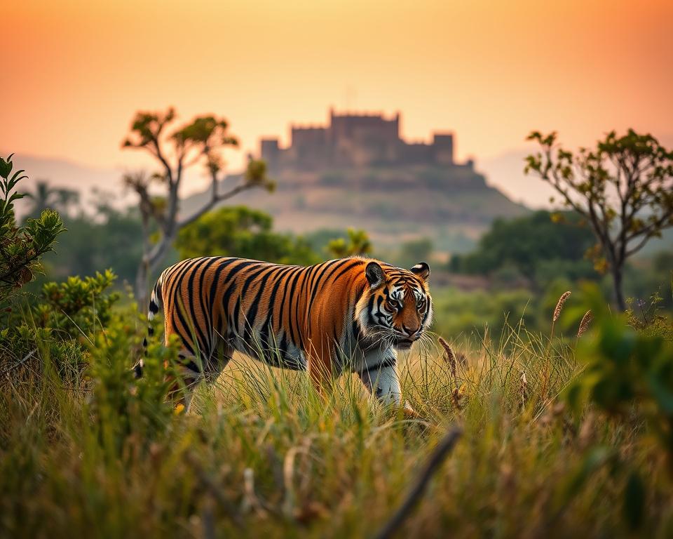 A vibrant scene depicting the Ranthambore National Park in India, focusing on its rich ecosystem and wildlife. In the foreground, a majestic Bengal tiger stealthily prowls through tall grass, showcasing its distinctive orange and black stripes. The middle ground features lush foliage, with a variety of trees and shrubs typical of the region, highlighting the importance of tiger conservation efforts. In the background, the iconic Ranthambore Fort can be seen perched on a hill, surrounded by a hazy sunset sky that casts a warm glow over the landscape. The atmosphere is serene yet alive with the sounds of nature. Soft, golden lighting accentuates the textures of the tiger's fur and the greenery, while a shallow depth of field focuses on the tiger, giving a sense of closeness and intimacy. The mood conveys the importance of wildlife preservation in this remarkable sanctuary.