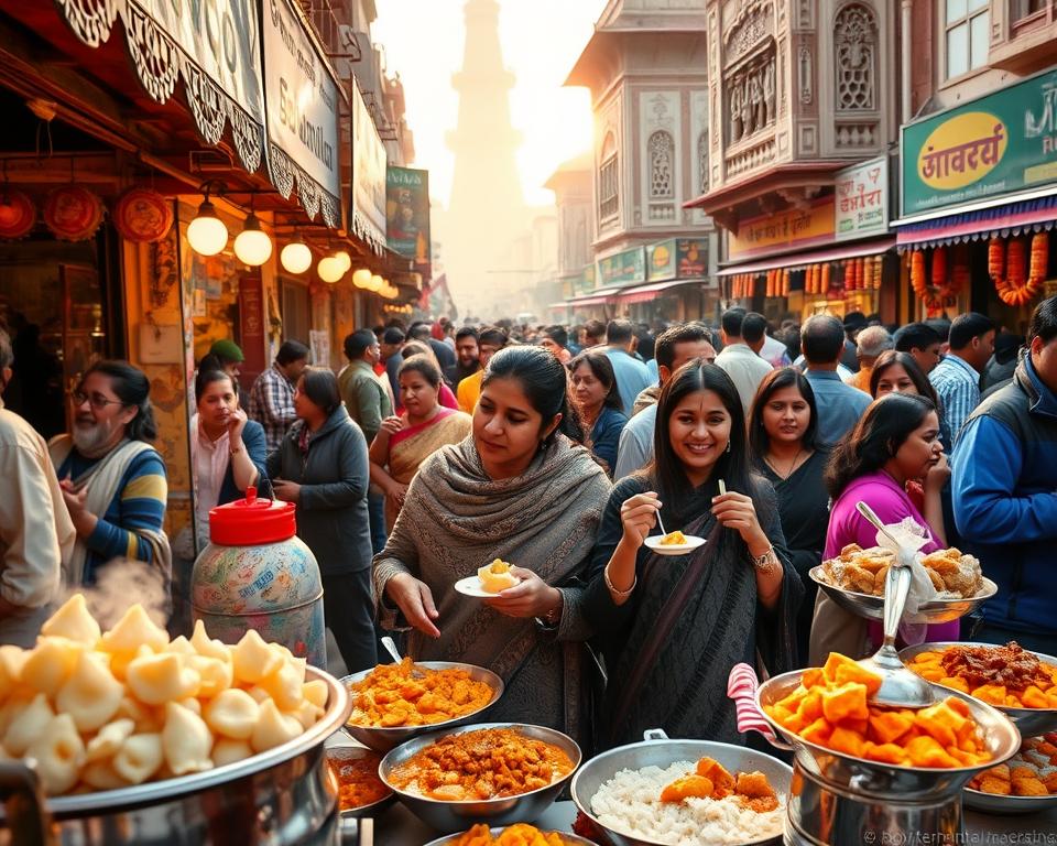 A vibrant scene of Chandni Chowk street food, filled with an array of colorful stalls offering a tantalizing selection of local delicacies. In the foreground, a vendor serves freshly made golgappas, steam rising from a pot of spicy chole nearby. Next to them, a smiling woman wearing modest casual clothing is savoring a plate of flavorful biryani, while another customer takes a bite of a spicy aloo tikki. In the middle ground, the bustling crowd enjoys various treats, with traditional sweets displayed prominently. The background reveals historical buildings adorned with intricate carvings, hinting at the rich heritage of Delhi. Soft golden hour lighting bathes the scene, creating an inviting atmosphere. The image captures the lively essence of street food culture, emphasizing the flavors and experiences that define Chandni Chowk. A vibrant scene of Chandni Chowk street food, filled with an array of colorful stalls offering a tantalizing selection of local delicacies. In the foreground, a vendor serves freshly made golgappas, steam rising from a pot of spicy chole nearby. Next to them, a smiling woman wearing modest casual clothing is savoring a plate of flavorful biryani, while another customer takes a bite of a spicy aloo tikki. In the middle ground, the bustling crowd enjoys various treats, with traditional sweets displayed prominently. The background reveals historical buildings adorned with intricate carvings, hinting at the rich heritage of Delhi. Soft golden hour lighting bathes the scene, creating an inviting atmosphere. The image captures the lively essence of street food culture, emphasizing the flavors and experiences that define Chandni Chowk.