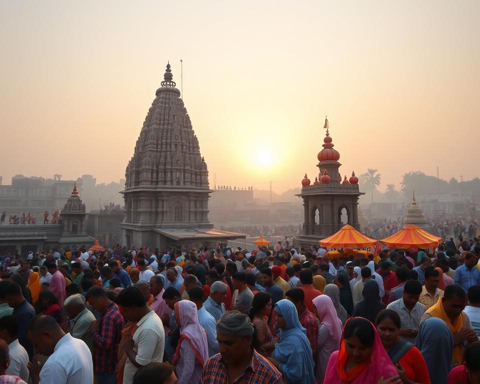 A vibrant scene of Ujjain during the Kumbh Mela, showcasing a lively and colorful atmosphere. In the foreground, groups of pilgrims of diverse backgrounds, dressed in modest traditional attire, immerse themselves in prayer and rituals at the banks of the sacred Shipra River. The middle ground features iconic temples, intricately adorned with carvings and vibrant decorations, whilst the background reveals a bustling scene with tents and stalls offering religious artifacts. The sun sets on the horizon, casting a warm golden glow over the landscape, enhancing the spiritual ambiance. The image should be captured from a low angle, emphasizing the towering architecture and the multitude of spiritual seekers, evoking a sense of unity and devotion. The overall mood should be uplifting and serene, reflecting the deep spiritual significance of Ujjain.
