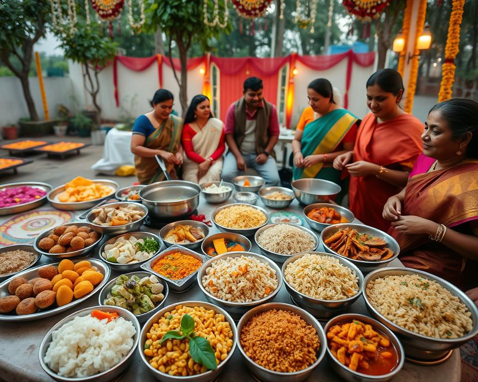 A vibrant scene showcasing the diverse culinary traditions during Hindu festivals. In the foreground, a beautifully arranged table filled with traditional dishes such as colorful sweets, savory snacks, and aromatic rice dishes, garnished with fresh herbs and spices. In the middle, a group of people dressed in traditional Indian attire, engaged in joyful cooking and sharing the festive meals, smiling and interacting warmly. The background features a decorated outdoor setting with colorful rangoli designs on the ground and festive garlands hanging from trees. Soft, warm lighting bathes the scene, creating a welcoming atmosphere. Capture this moment from a slightly elevated angle to provide a panoramic view, enhancing the festive mood and celebration of culinary heritage.