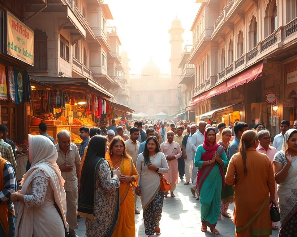 A vibrant street scene in Chandni Chowk, Delhi, illustrating cultural rules and respectful behavior. In the foreground, a diverse group of people dressed in modest casual clothing, engaging in polite interactions, exemplifying harmony and respect. The middle ground features colorful market stalls adorned with traditional Indian textiles, spices, and street food, bustling with visitors. In the background, the intricate architecture of historical buildings, bathed in warm, golden sunlight, showcases Delhi's rich heritage. The ambiance is lively yet respectful, capturing the essence of sustainable and mindful exploration in this historical heart of the city. The lighting is soft and warm, with a slight lens flare to enhance the inviting atmosphere. A vibrant street scene in Chandni Chowk, Delhi, illustrating cultural rules and respectful behavior. In the foreground, a diverse group of people dressed in modest casual clothing, engaging in polite interactions, exemplifying harmony and respect. The middle ground features colorful market stalls adorned with traditional Indian textiles, spices, and street food, bustling with visitors. In the background, the intricate architecture of historical buildings, bathed in warm, golden sunlight, showcases Delhi's rich heritage. The ambiance is lively yet respectful, capturing the essence of sustainable and mindful exploration in this historical heart of the city. The lighting is soft and warm, with a slight lens flare to enhance the inviting atmosphere.
