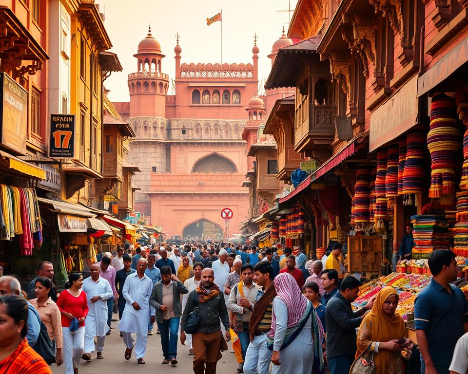 A vibrant street scene in Chandni Chowk, India, showcasing iconic landmarks like the Red Fort in the background, with bustling market stalls selling colorful fabrics and spices in the foreground. Capture the hustle and bustle of locals and visitors dressed in modest casual clothing, engaged in various activities. Use warm, golden-hour lighting to create an inviting atmosphere that highlights the lively interactions. Include an angled perspective to draw viewers into the charming chaos of this historic neighborhood. Emphasize the rich cultural heritage with intricate architectural details, such as ornate carvings and traditional signs, while ensuring a clear, focused composition that conveys the essence of Chandni Chowk's attractions.
