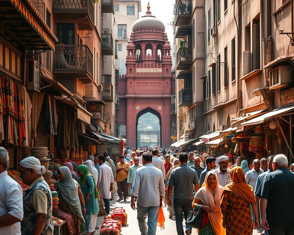 A vibrant street scene in Chandni Chowk, showcasing the historic heart of Old Delhi. In the foreground, a bustling market with vendors selling colorful textiles, aromatic spices, and traditional sweets. Capture the rich details of the merchandise and the energetic interaction among shoppers, dressed in modest, casual clothing. In the middle, an iconic red sandstone monument, symbolizing the area's heritage, stands prominently. The background reveals narrow, winding lanes adorned with aged architecture, with ornate balconies and weathered walls. Golden sunlight bathes the scene, casting warm shadows, creating a lively, inviting atmosphere. A slight wide-angle perspective enhances the depth, focusing on the interplay of light and texture against the backdrop of historical resonance. A vibrant street scene in Chandni Chowk, showcasing the historic heart of Old Delhi. In the foreground, a bustling market with vendors selling colorful textiles, aromatic spices, and traditional sweets. Capture the rich details of the merchandise and the energetic interaction among shoppers, dressed in modest, casual clothing. In the middle, an iconic red sandstone monument, symbolizing the area's heritage, stands prominently. The background reveals narrow, winding lanes adorned with aged architecture, with ornate balconies and weathered walls. Golden sunlight bathes the scene, casting warm shadows, creating a lively, inviting atmosphere. A slight wide-angle perspective enhances the depth, focusing on the interplay of light and texture against the backdrop of historical resonance.