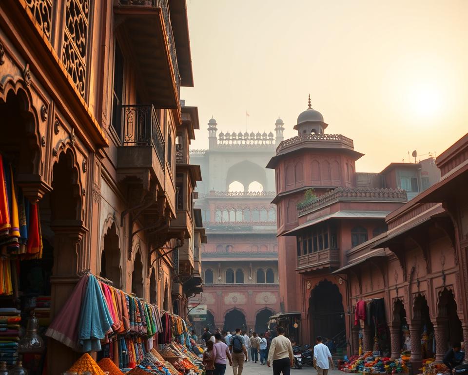 A vibrant street view of Chandni Chowk, capturing the essence of Delhi's historic heart, showcasing intricate architecture of havelis with ornate facades in warm earth tones. In the foreground, a narrow, bustling alley filled with vendors displaying colorful textiles and spices, creating a lively atmosphere. The middle ground reveals beautifully preserved, traditional buildings with arched doorways and decorative balconies, inviting exploration. In the background, a hint of the iconic Red Fort looms under a hazy sunset sky, casting a soft golden light on the scene. The image should portray a sense of discovery and nostalgia, evoking the charm of hidden courtyards and inviting streets, all framed with a shallow depth of field that emphasizes the rich textures and colors. A vibrant street view of Chandni Chowk, capturing the essence of Delhi's historic heart, showcasing intricate architecture of havelis with ornate facades in warm earth tones. In the foreground, a narrow, bustling alley filled with vendors displaying colorful textiles and spices, creating a lively atmosphere. The middle ground reveals beautifully preserved, traditional buildings with arched doorways and decorative balconies, inviting exploration. In the background, a hint of the iconic Red Fort looms under a hazy sunset sky, casting a soft golden light on the scene. The image should portray a sense of discovery and nostalgia, evoking the charm of hidden courtyards and inviting streets, all framed with a shallow depth of field that emphasizes the rich textures and colors.