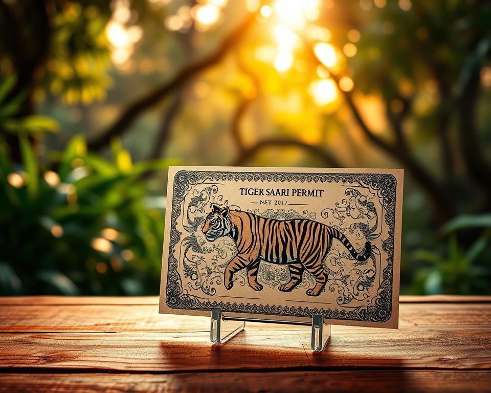 A vivid image of a Tiger Safari Permit in India, illustrated as an eye-catching art object on a rustic wooden table. In the foreground, display the permit prominently, designed with intricate details resembling traditional Indian motifs, featuring a majestic tiger silhouette. The middle background features a beautifully blurred scene of lush green jungle vegetation and hints of wildlife, creating an aura of adventure. The background evokes a golden hour atmosphere with warm sunlight filtering through the trees, casting soft shadows. The overall mood is enticing and adventurous, inviting viewers to imagine the thrill of a tiger safari experience. Ensure clarity in the permit design with no text or logos, focusing solely on the visual elements.
