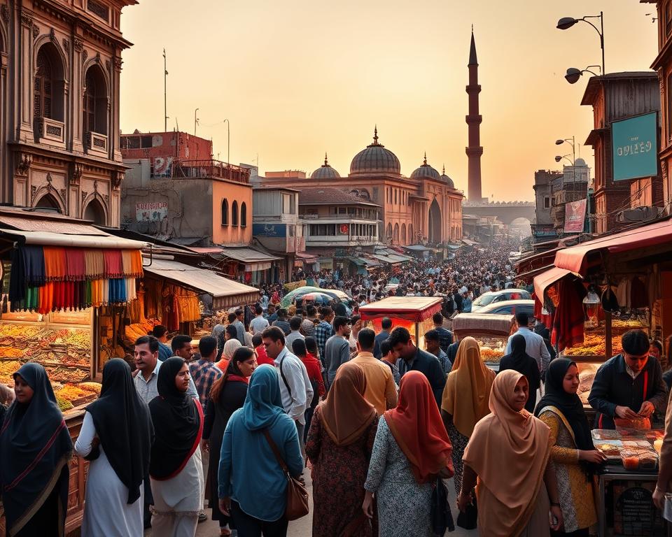 Chandni Chowk bustling with activity during the golden hour, showcasing vibrant street markets filled with colorful textiles, spices, and street food vendors. In the foreground, a group of diverse individuals in modest casual clothing interact with vendors, capturing the lively spirit of this historic area. The middle ground features ornate architecture of the ancient buildings, enhanced by soft, warm lighting that creates a welcoming atmosphere. The background reveals the towering minaret of a mosque and the silhouette of bustling crowds against an enchanting twilight sky. A wide-angle lens captures the dynamic essence of the market, evoking a sense of exploration and the best times to experience the rich culture and history of Chandni Chowk. Chandni Chowk bustling with activity during the golden hour, showcasing vibrant street markets filled with colorful textiles, spices, and street food vendors. In the foreground, a group of diverse individuals in modest casual clothing interact with vendors, capturing the lively spirit of this historic area. The middle ground features ornate architecture of the ancient buildings, enhanced by soft, warm lighting that creates a welcoming atmosphere. The background reveals the towering minaret of a mosque and the silhouette of bustling crowds against an enchanting twilight sky. A wide-angle lens captures the dynamic essence of the market, evoking a sense of exploration and the best times to experience the rich culture and history of Chandni Chowk.